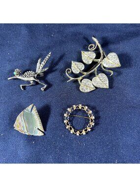 Vintage Silver & Gold Brooch Pin Set With Rhinestones & Abalone